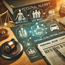 Detailed overview of personal injury cases, showing a desk with legal documents, a gavel, a scale of justice, and a computer screen displaying charts