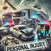 Personal Injury in accident scene featuring a car, a truck, a boat, an auto-rickshaw, and a lorry involved in collisions. Contact Law Office of Antoniette Jauregui